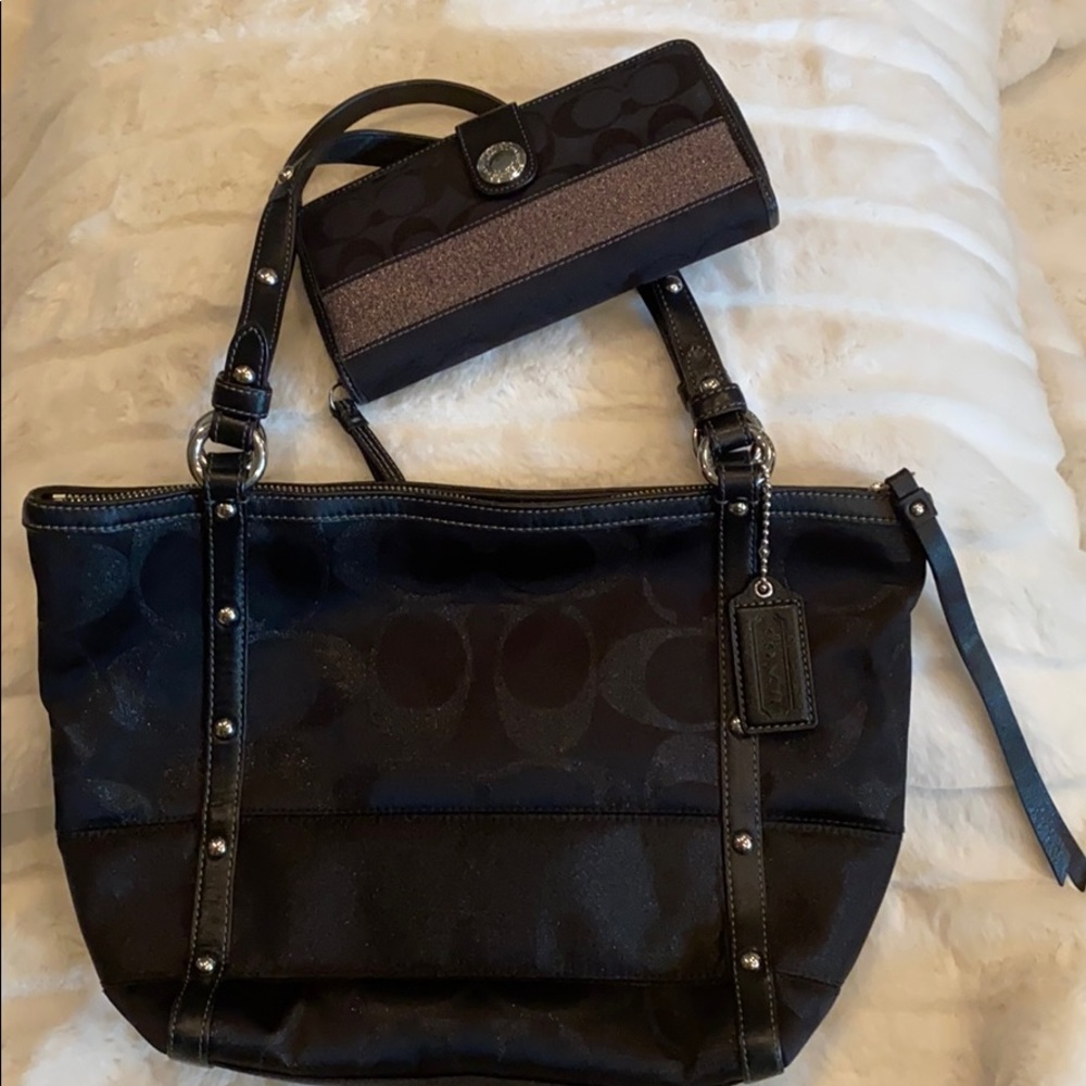 Coach black signature fabric shoulder bag & wallet